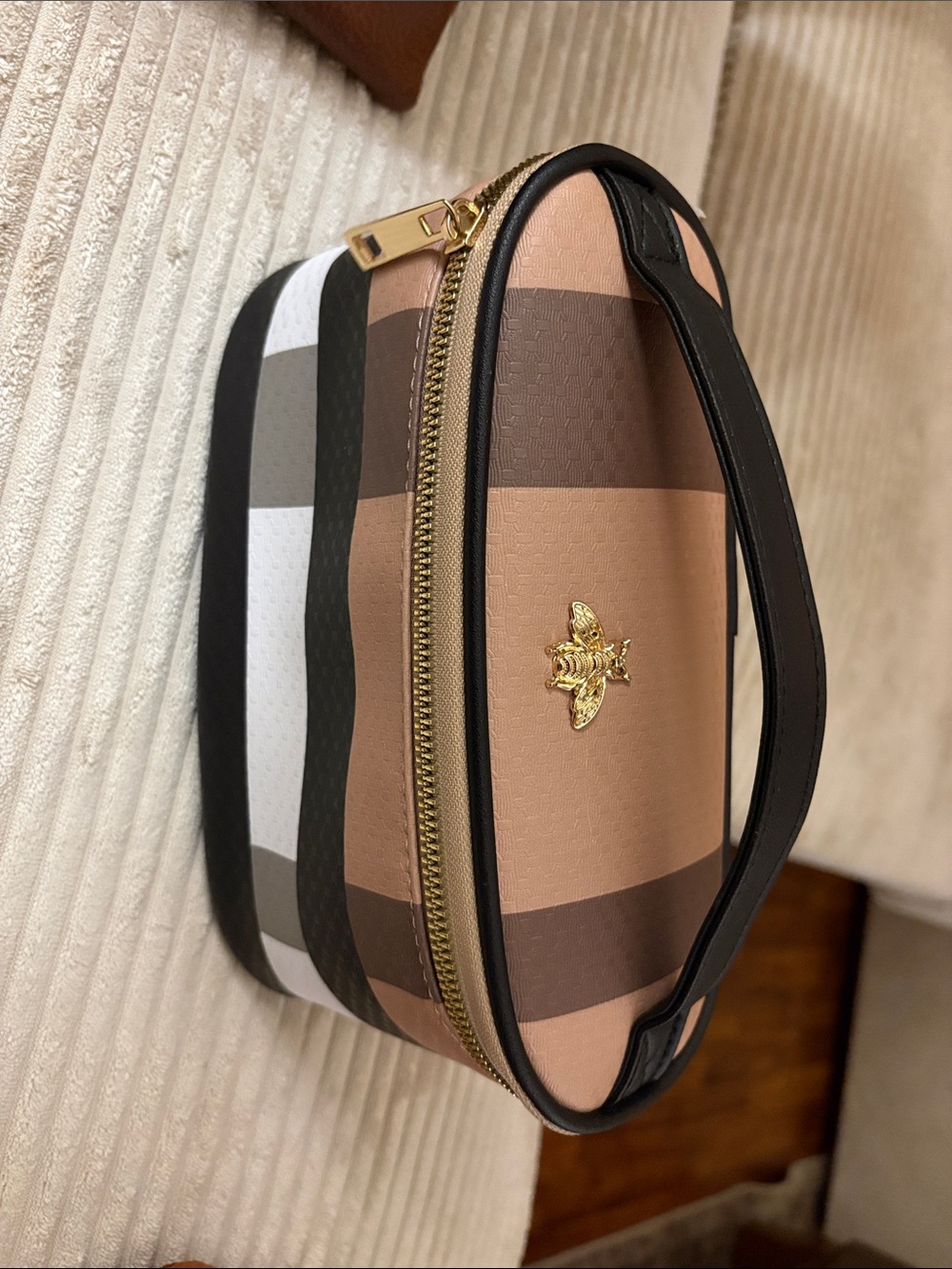 Women’s Check Print double zip around  Pouch in Beige and Brown with bumblebee